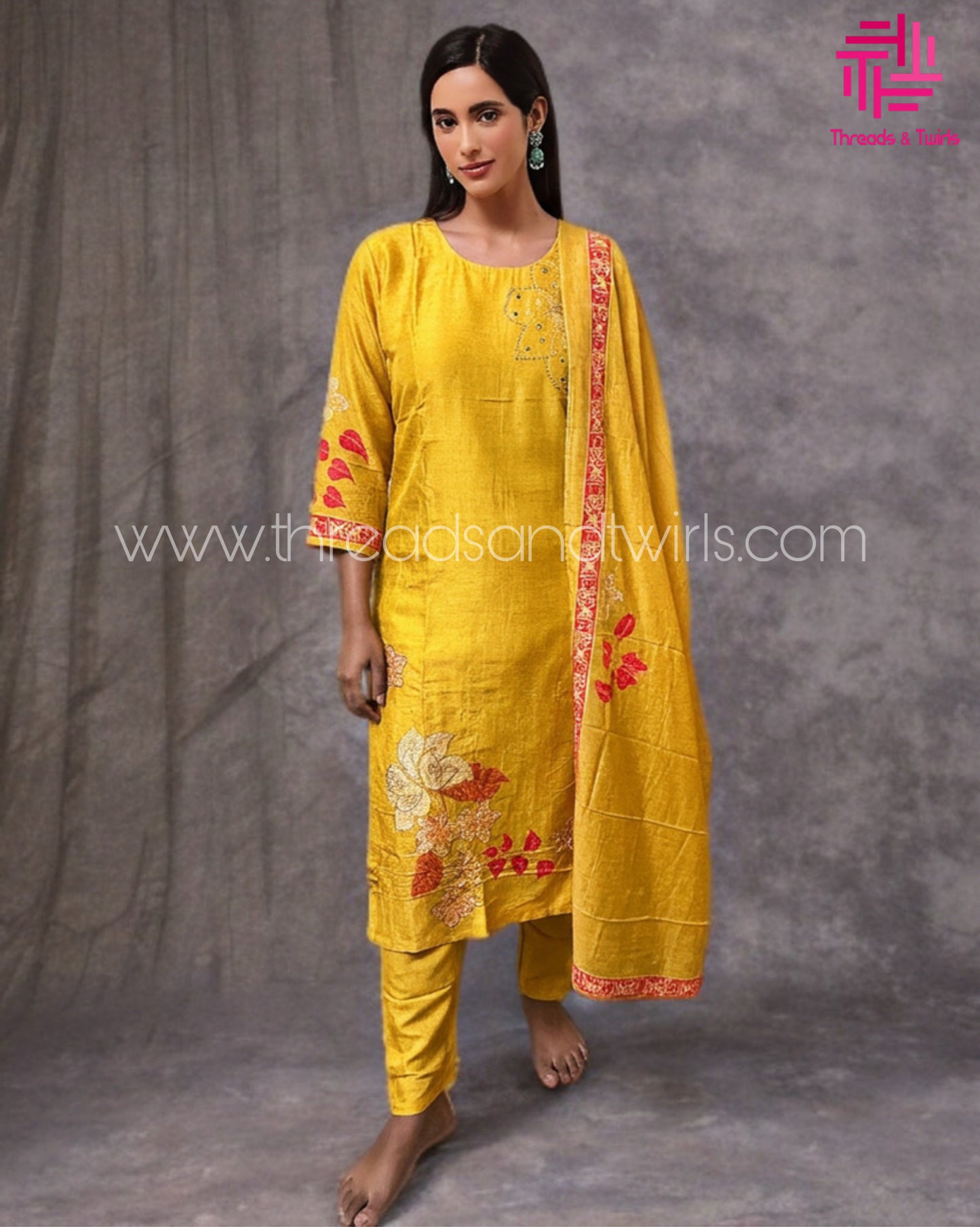 Yellow Muslin Salwar Suit with Printed Dupatta | Threads & Twirls