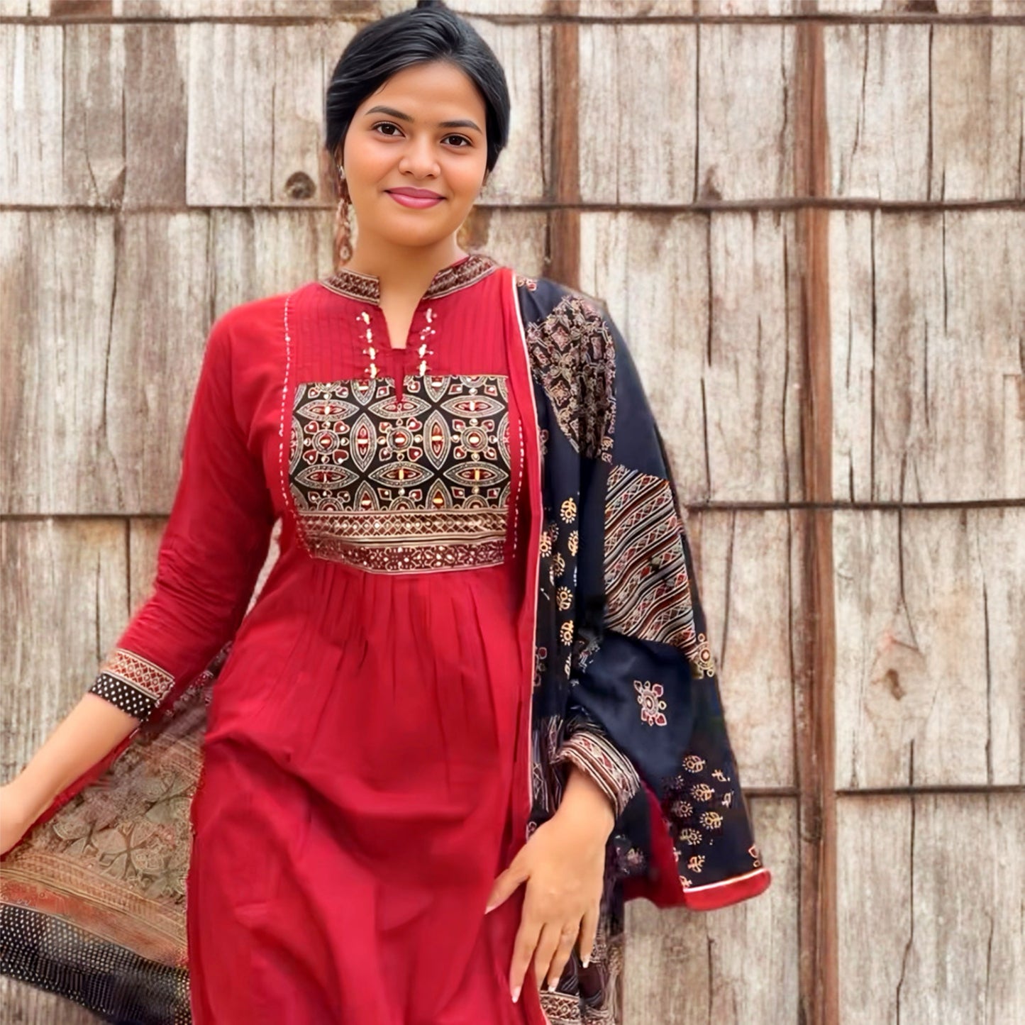 Maroon Cotton Salwar Suit with Mirror Embroidered Yoke | Threads & Twirls