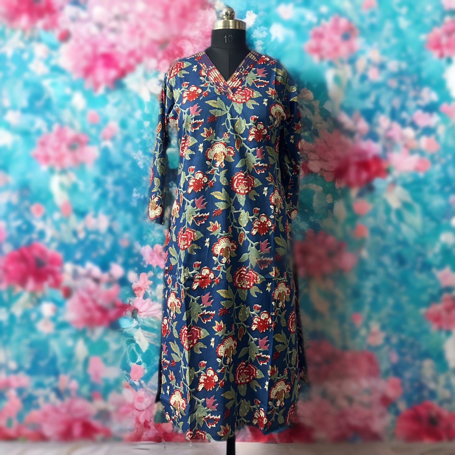 Floral V-Neck Cotton Salwar Suit with Printed Dupatta – Daily Wear