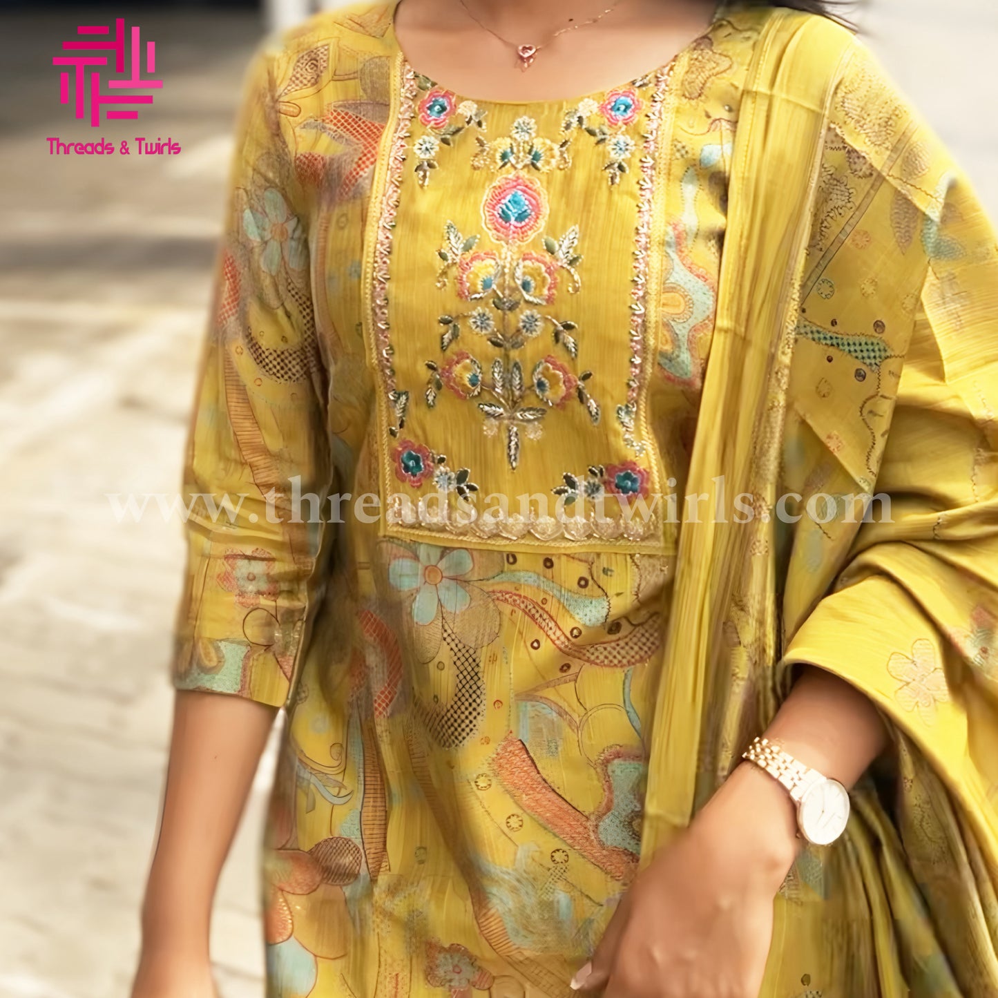 Mustard Yellow Viscose Silk Salwar Suit with Embroidered Yoke & Printed Dupatta | Threads & Twirls