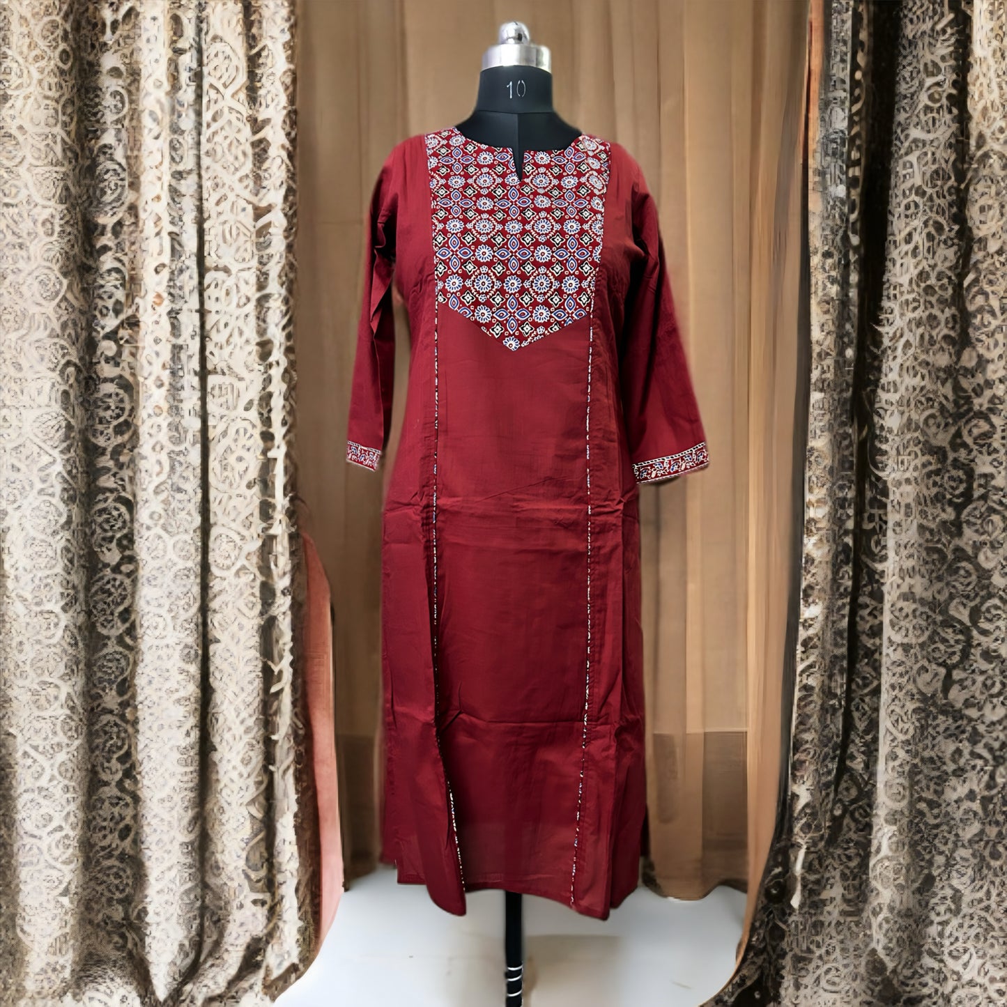 Rust Red & Printed Cotton Salwar Suit with Dupatta – Threads & Twirls