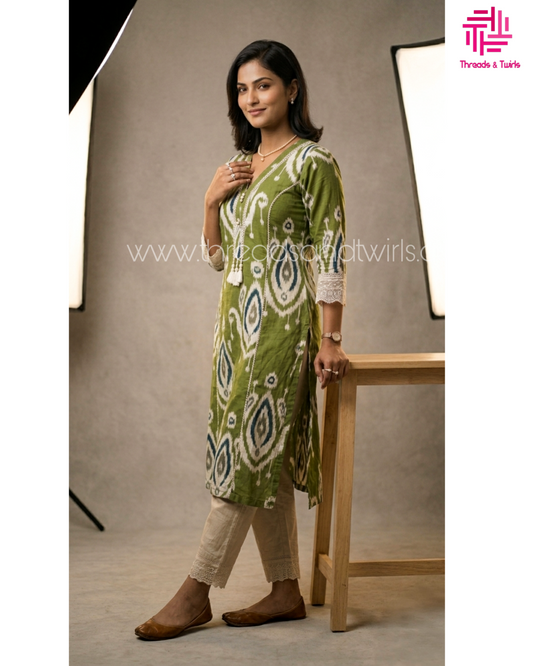 Olive Green Ikat Print Khadi Cotton Kurta Pant Set with Lace Detail