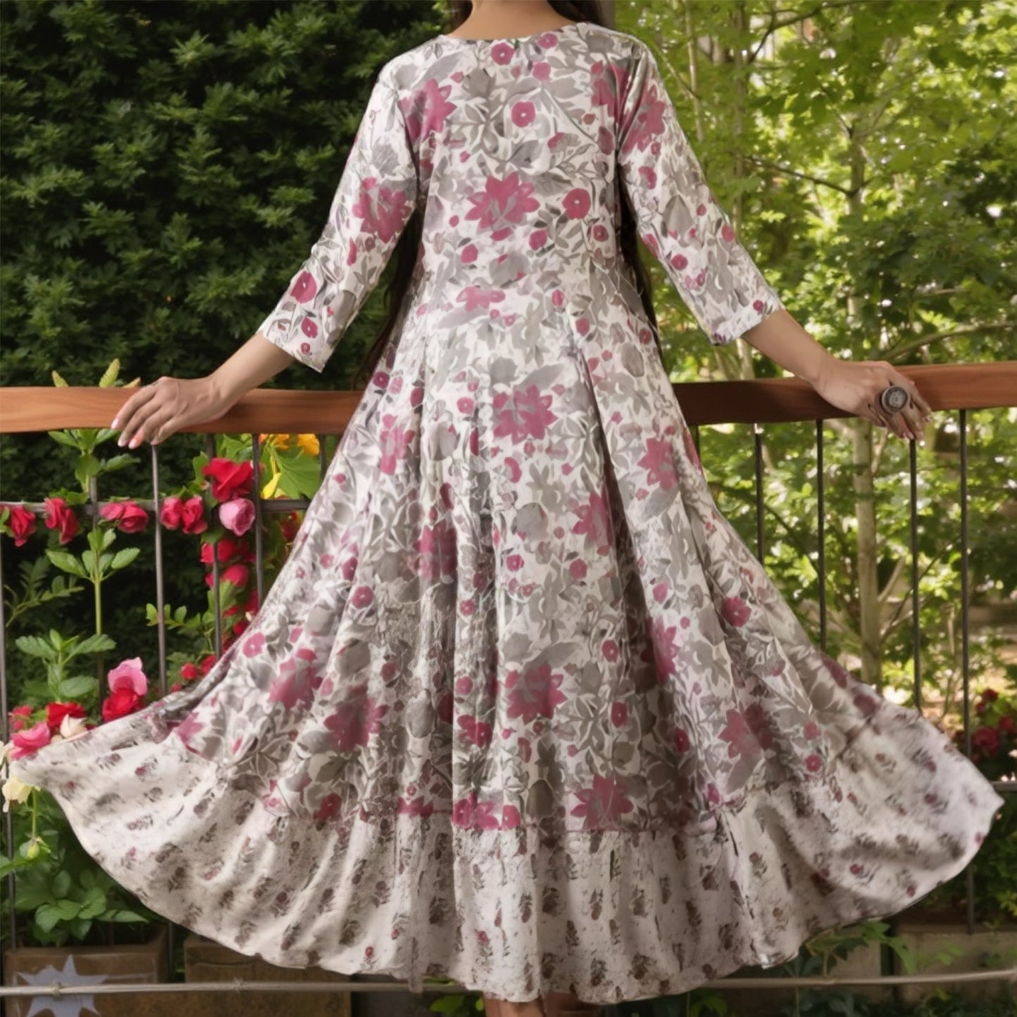 Grey and Pink Floral Anarkali Kurta | Threads and Twirls