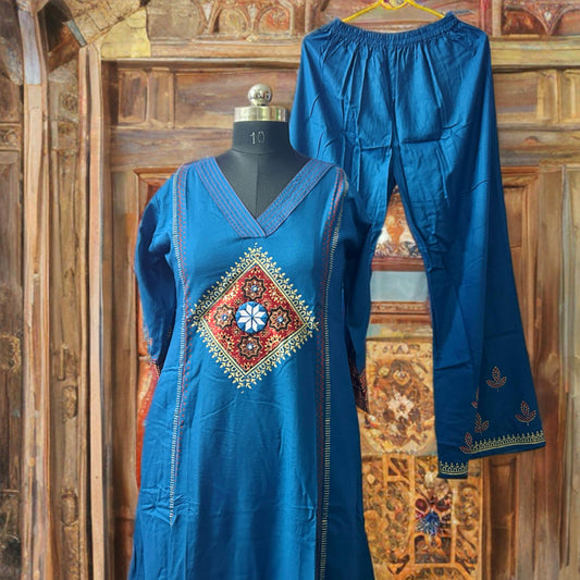 Teal Blue A-Line Rayon Kurta Set with Kalamkari Patchwork, Mirror & Block Print Detailing