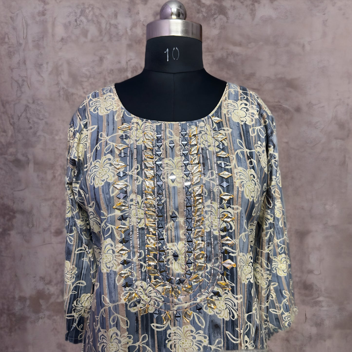 Elegant Grey & Gold Embroidered Salwar Suit with Dupatta – Threads & Twirls