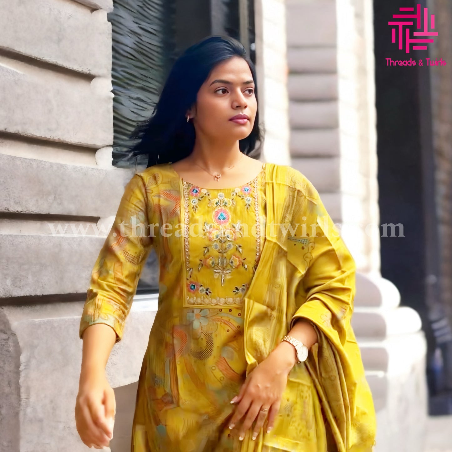 Mustard Yellow Viscose Silk Salwar Suit with Embroidered Yoke & Printed Dupatta | Threads & Twirls