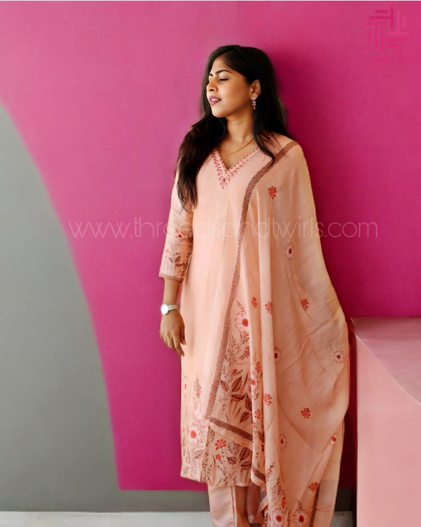Chocolate Brown Muslin Salwar Suit with Floral Prints | Threads & Twirls