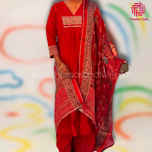 Rich Maroon Viscose Silk Salwar Suit with Heavy Printed Dupatta & Palazzo | Embroidered Yoke | Pin Tuck V-Neck | Threads & Twirls