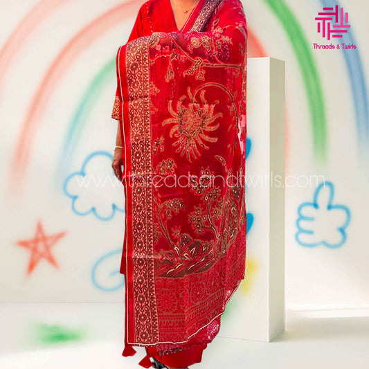 Rich Maroon Viscose Silk Salwar Suit with Heavy Printed Dupatta & Palazzo | Embroidered Yoke | Pin Tuck V-Neck | Threads & Twirls