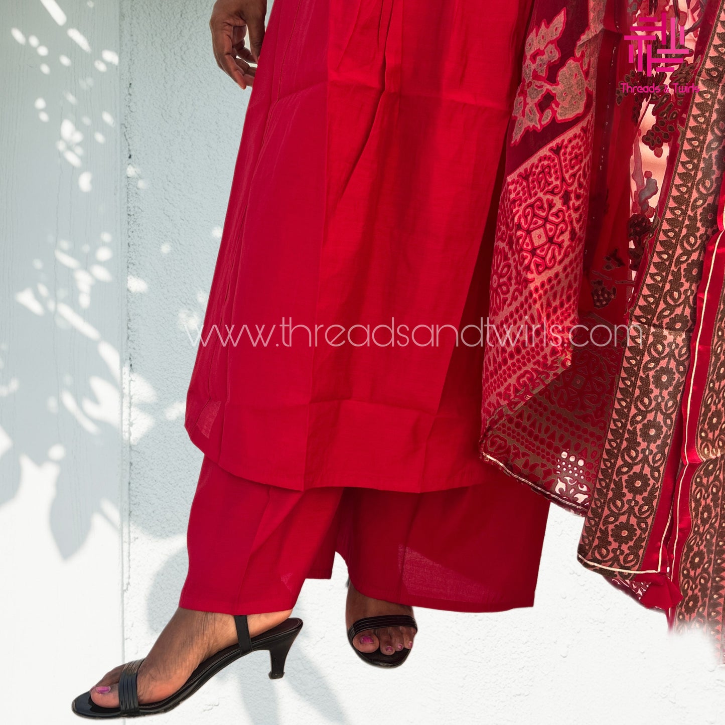 Rich Maroon Viscose Silk Salwar Suit with Heavy Printed Dupatta & Palazzo | Embroidered Yoke | Pin Tuck V-Neck | Threads & Twirls