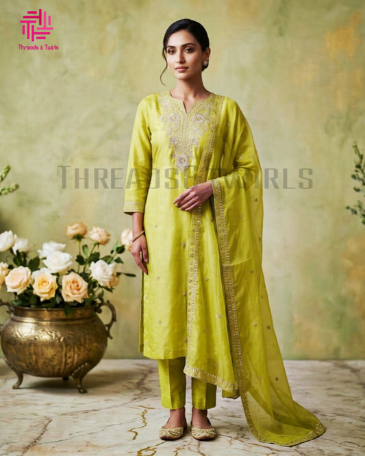 Lime Green Embroidered Silk Kurtha Set – Festive & Designer Wear