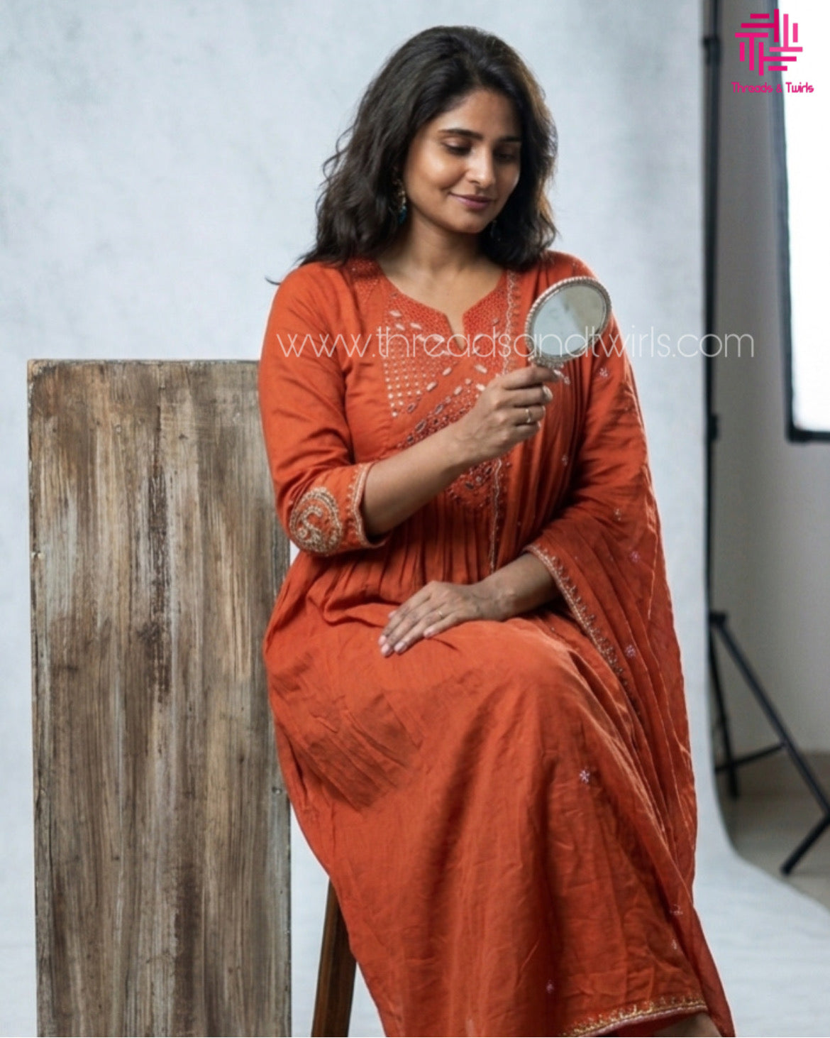 Orange Mirror Work Embroidered Salwar Suit with Flared Kurta | Threads & Twirls