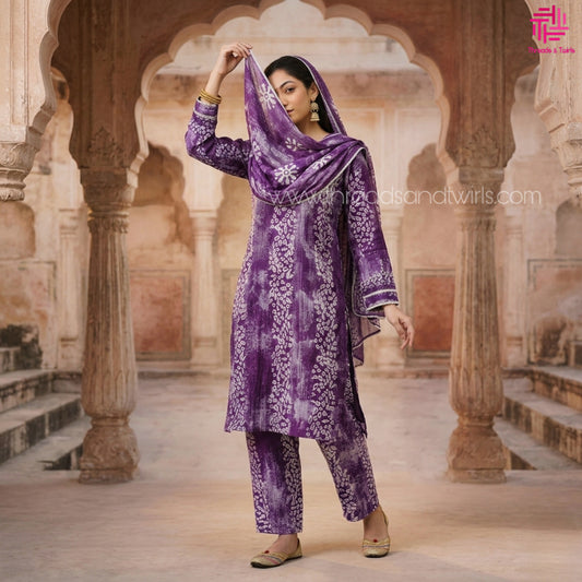 Purple Bandhani Print Kurtha Set with Dupatta & Pant β Traditional Elegance with Contemporary Comfort