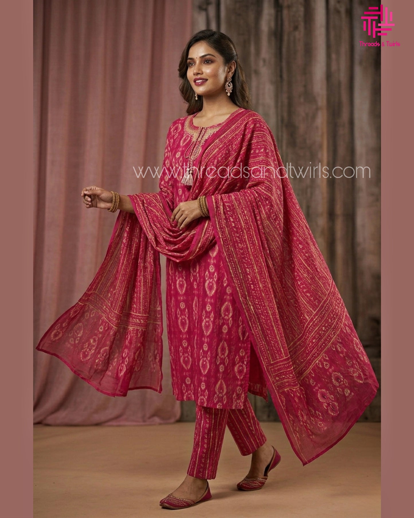Pink Ikat Print Kurta Pant Set – Festive Cotton Ethnic Wear with Dupatta