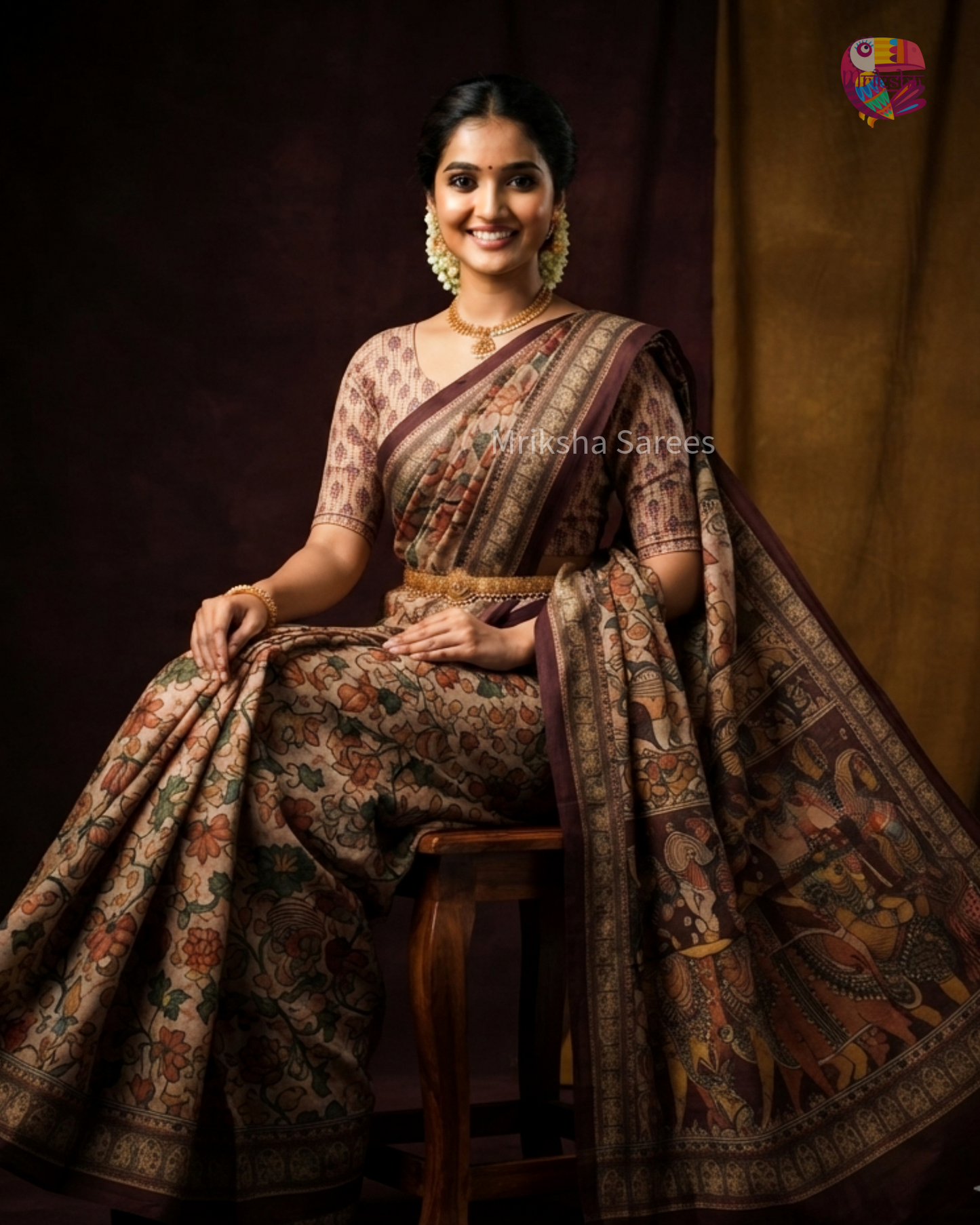 Beige & Brown Premium Tissue Kalamkari Printed Saree with Floral Border & Printed Blouse | Mriksha Sarees
