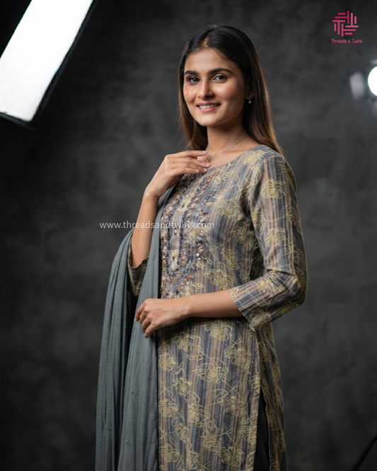 Elegant Grey & Gold Embroidered Salwar Suit with Dupatta β Threads & Twirls