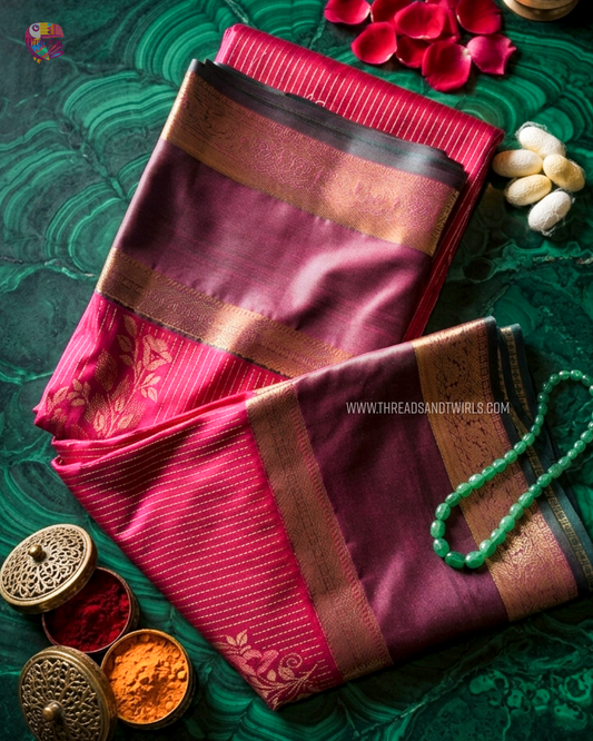 Kancheepuram Semi Silk Saree with Vaira Oosi Pattern & Floral Motifs | Sparkling Silver, Lotus Biscoff Brown & Mulberry Pink | Mriksha Sarees
