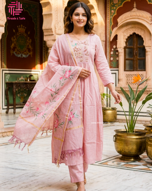 Baby Pink Mul Chanderi A-Line Salwar Suit with Floral Kota Dupatta | Threads & Twirls