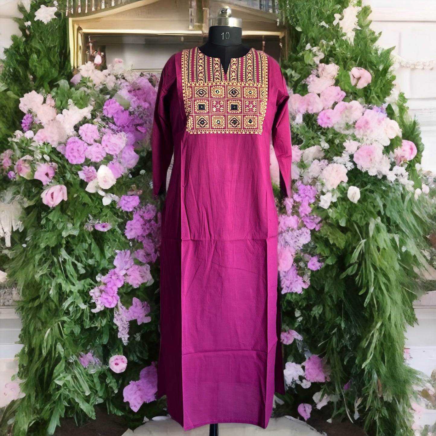 Fuchsia Cotton Salwar Suit with Mirror Work Yoke & Printed Dupatta Set