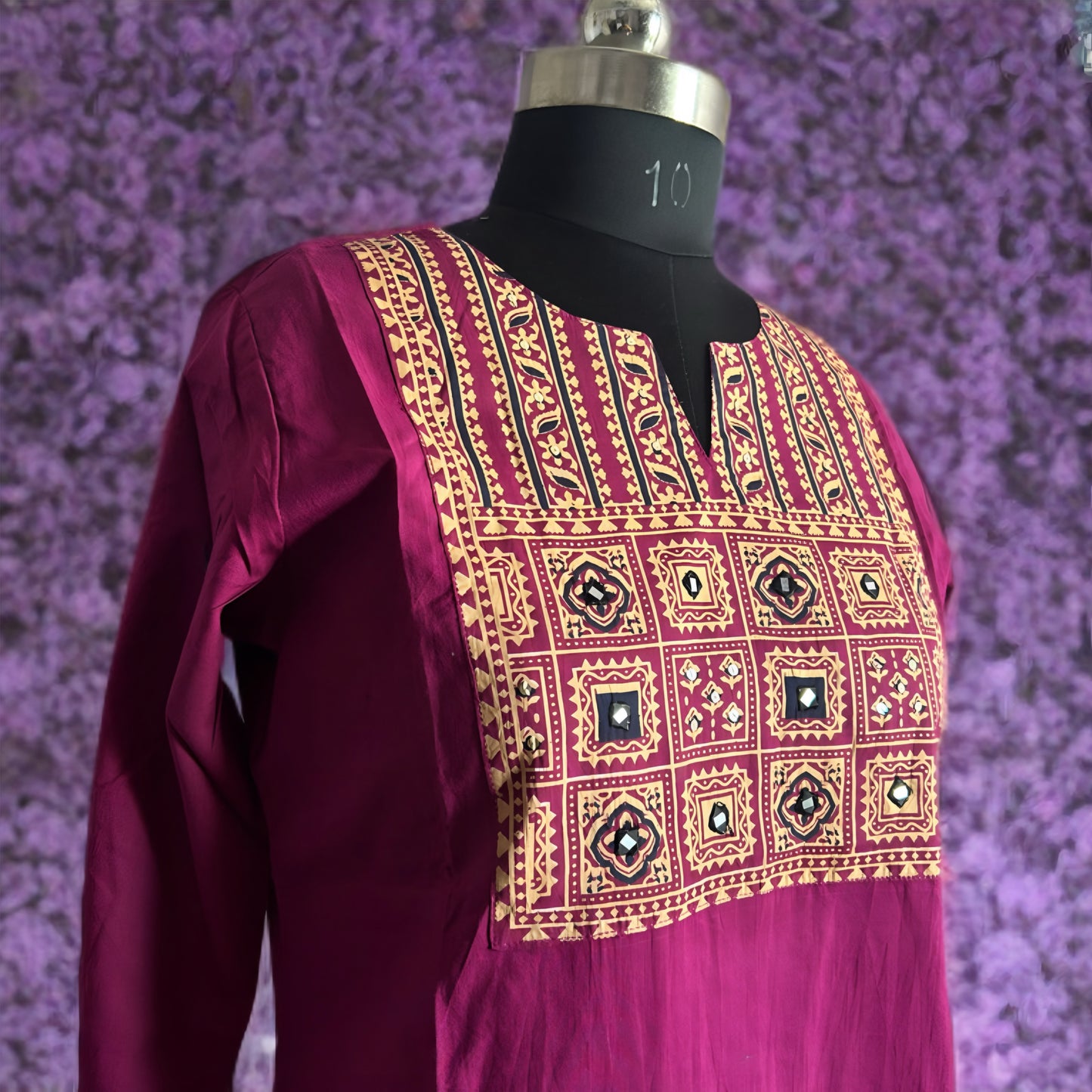 Fuchsia Cotton Salwar Suit with Mirror Work Yoke & Printed Dupatta Set