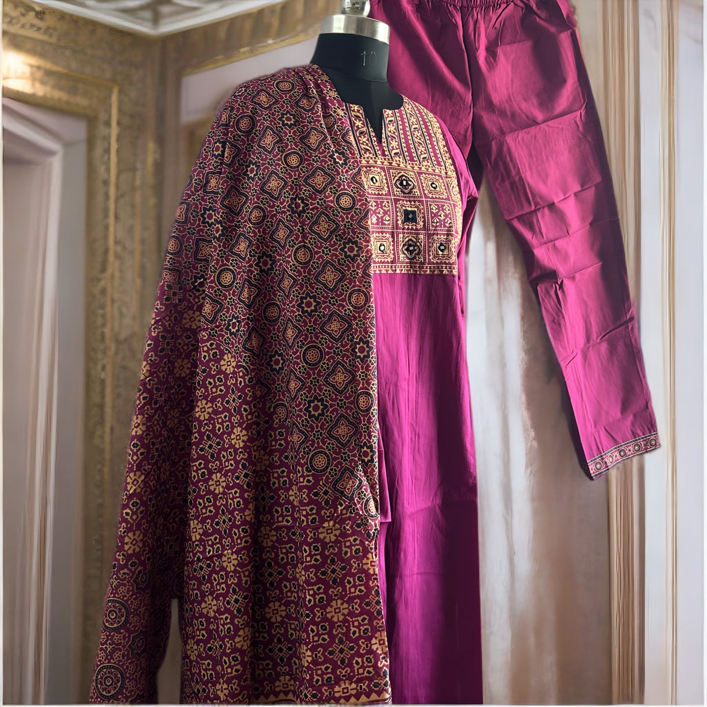 Fuchsia Cotton Salwar Suit with Mirror Work Yoke & Printed Dupatta Set
