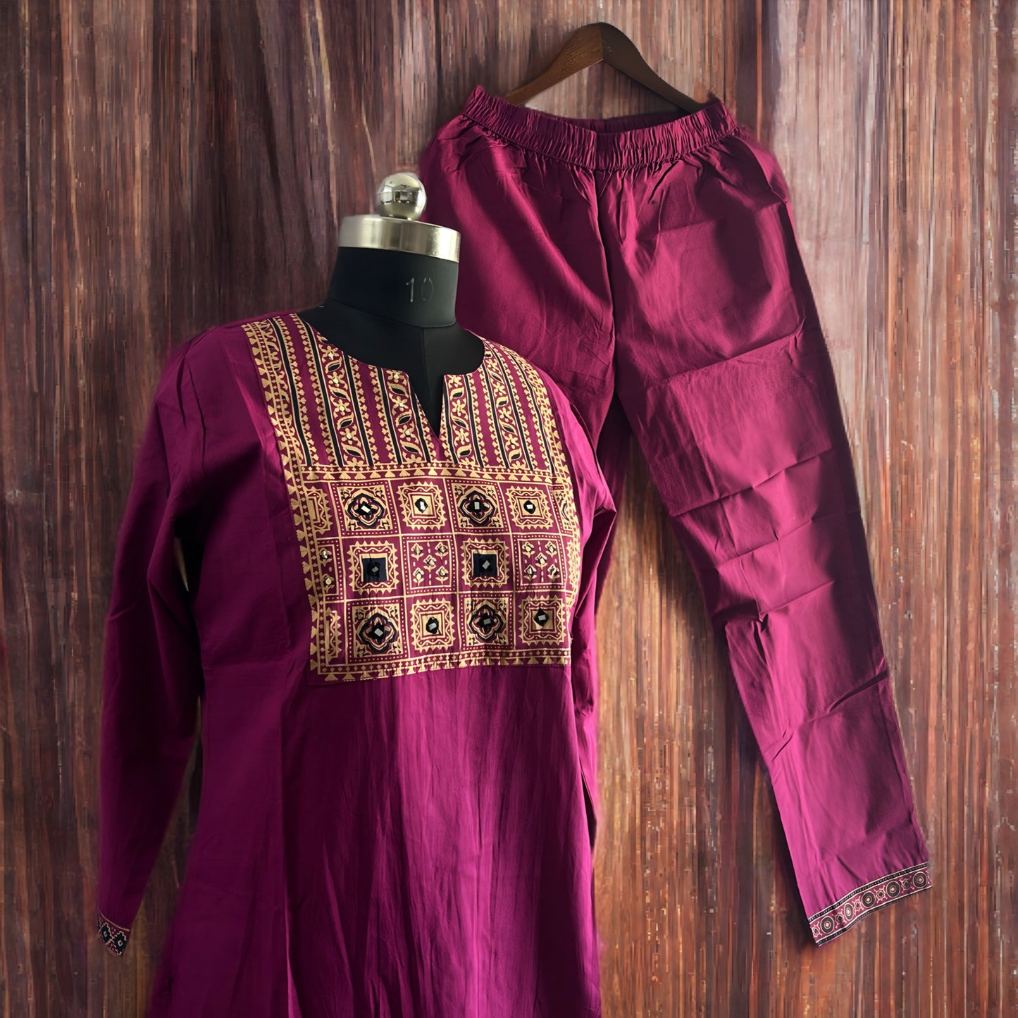 Fuchsia Cotton Salwar Suit with Mirror Work Yoke & Printed Dupatta Set