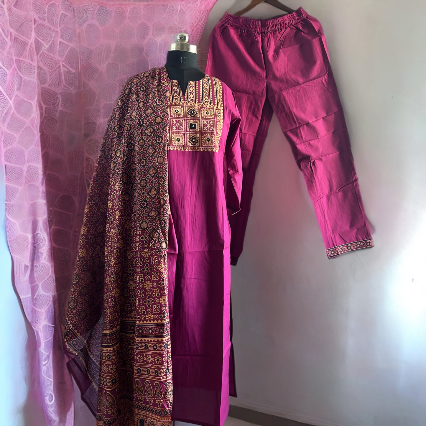 Fuchsia Cotton Salwar Suit with Mirror Work Yoke & Printed Dupatta Set