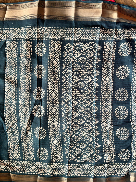 Batik Printed Saree with Kantha Work, Sequins & Zari Border | Mriksha Sarees