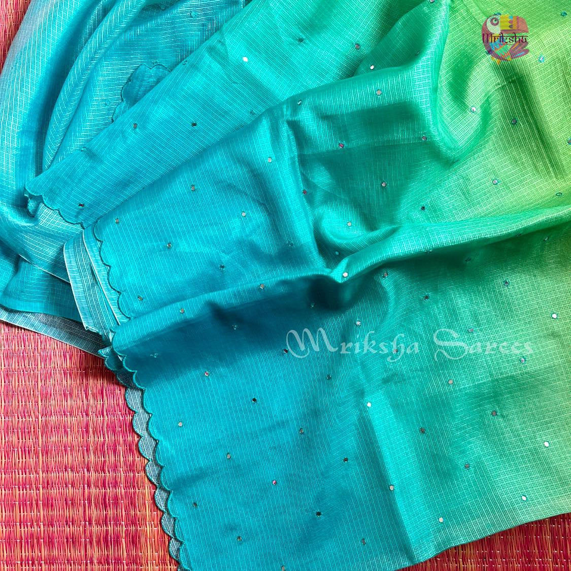 Kota Doria Ombre Saree with Mirror Work & Floral Printed Blouse – Mriksha Sarees