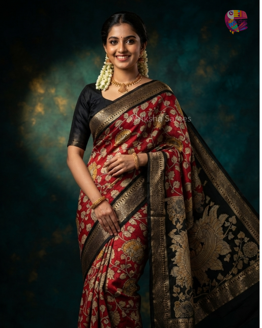 Kalamkari Printed Viscose Silk Saree with Traditional Peacock Border | Elegant Ethnic Wear | Mriksha Sarees