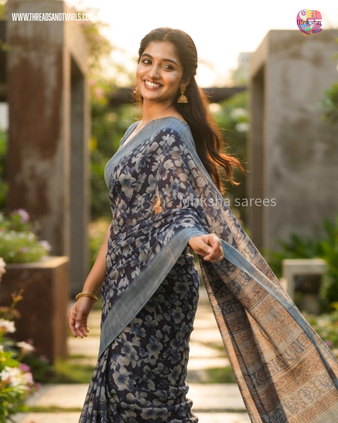 Pure Cotton Floral / Geometric Printed Saree with Plain Blouse |Royal Blue, Red, Bluish Grey & Chocolate Brown | Threads & Twirls