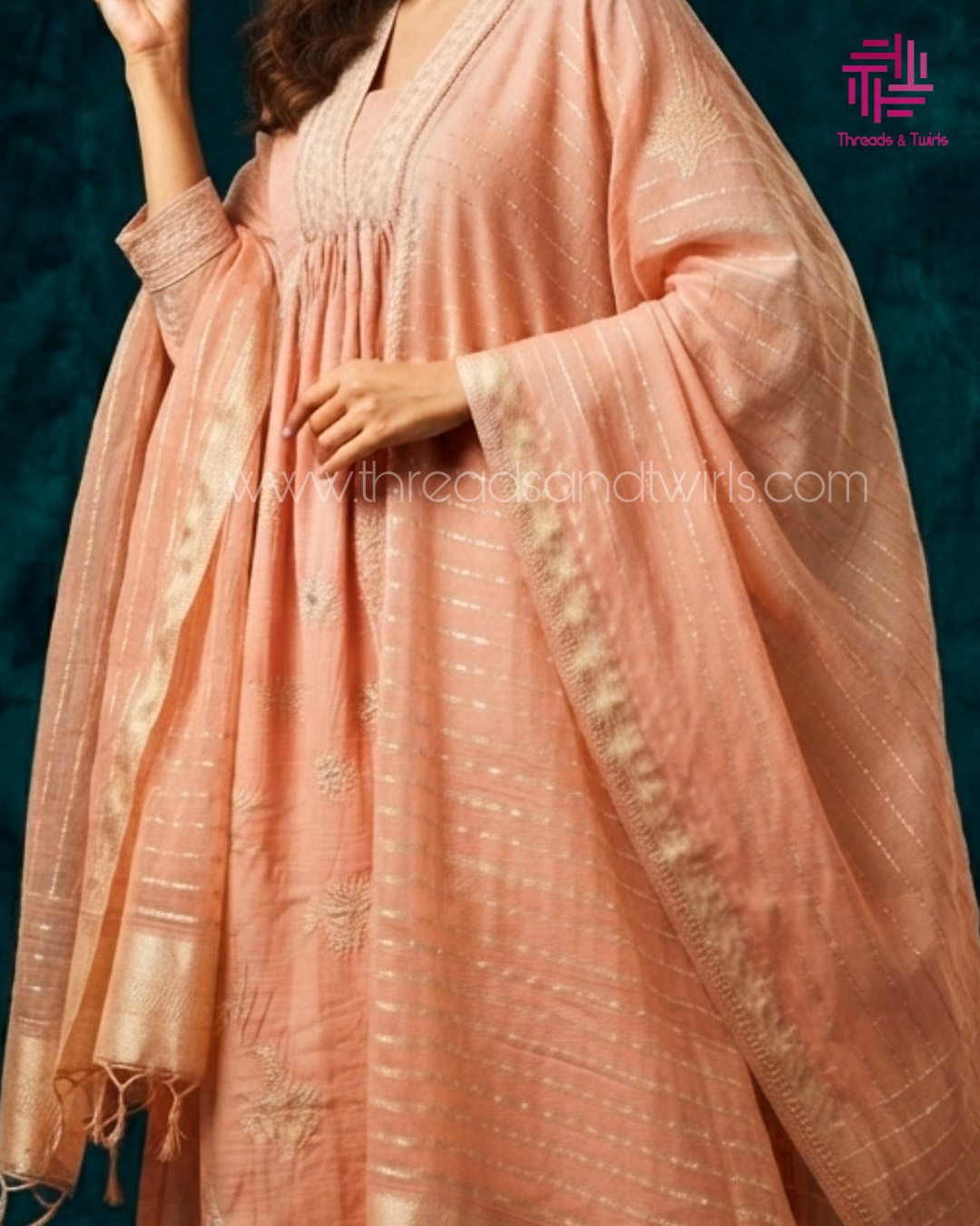 Peach Cotton Salwar Suit Set with Woven Dupatta | Straight Kurta & Pants for Women