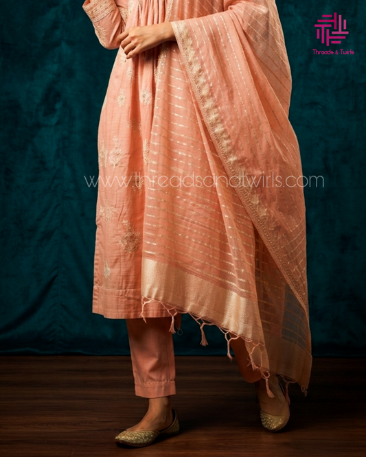 Peach Cotton Salwar Suit Set with Woven Dupatta | Straight Kurta & Pants for Women