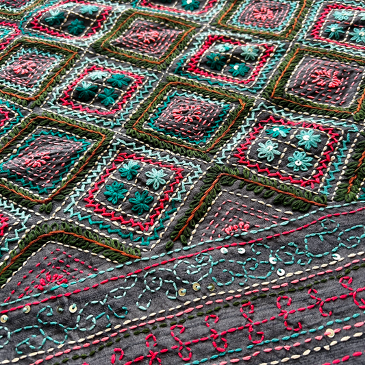 Grey Semi Tussar Silk Saree with Handwoven Lambani Work | Mriksha sarees