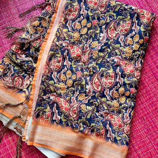 Soft Printed Linen Saree with Kantha Embroidery & Contrast Blouse β Blue & Orange | Mriksha