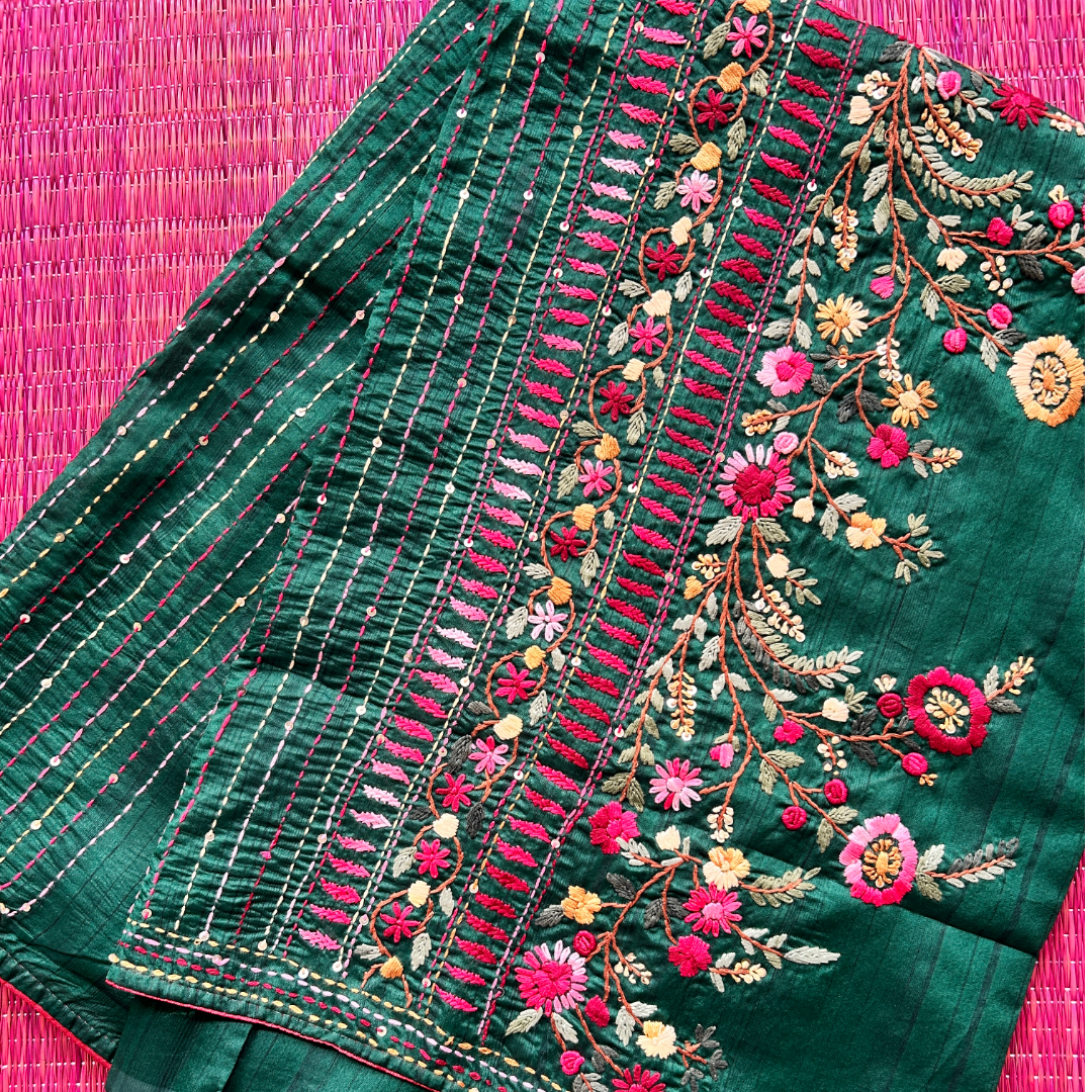 Deep Green Kantha Embroidered Saree | Mriksha Sarees