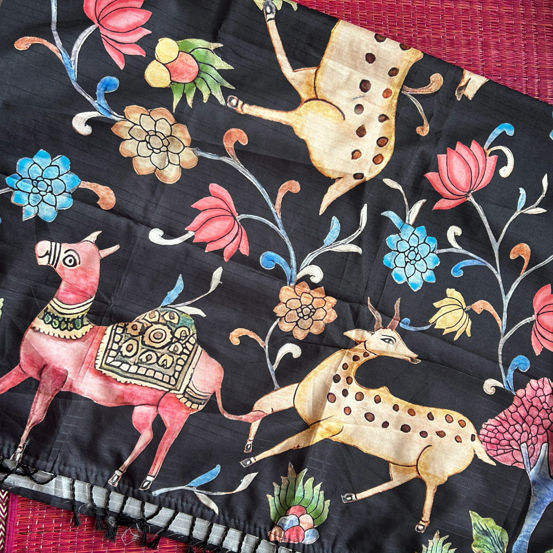 Black Digital Printed Saree with Pichwai Design | Mriksha Sarees