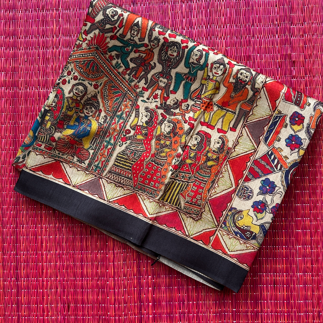 Beige Digital Printed Saree with Cave Painting Style Figurines & Plain Black Blouse | Mriksha Sarees