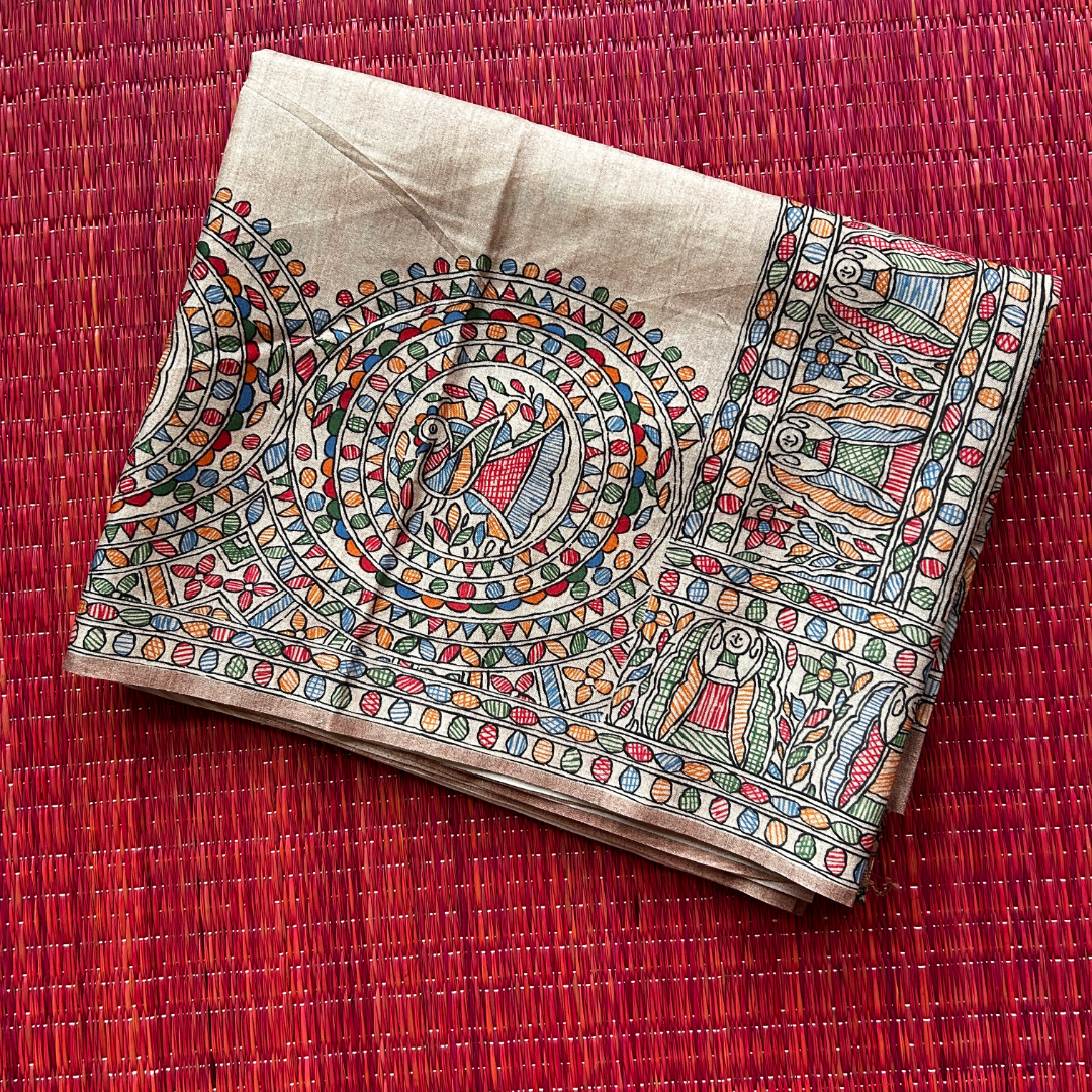 Beige Ghicha Silk Saree with Madhubani Peacock Print & Chocolate Brown Blouse | Mriksha Sarees