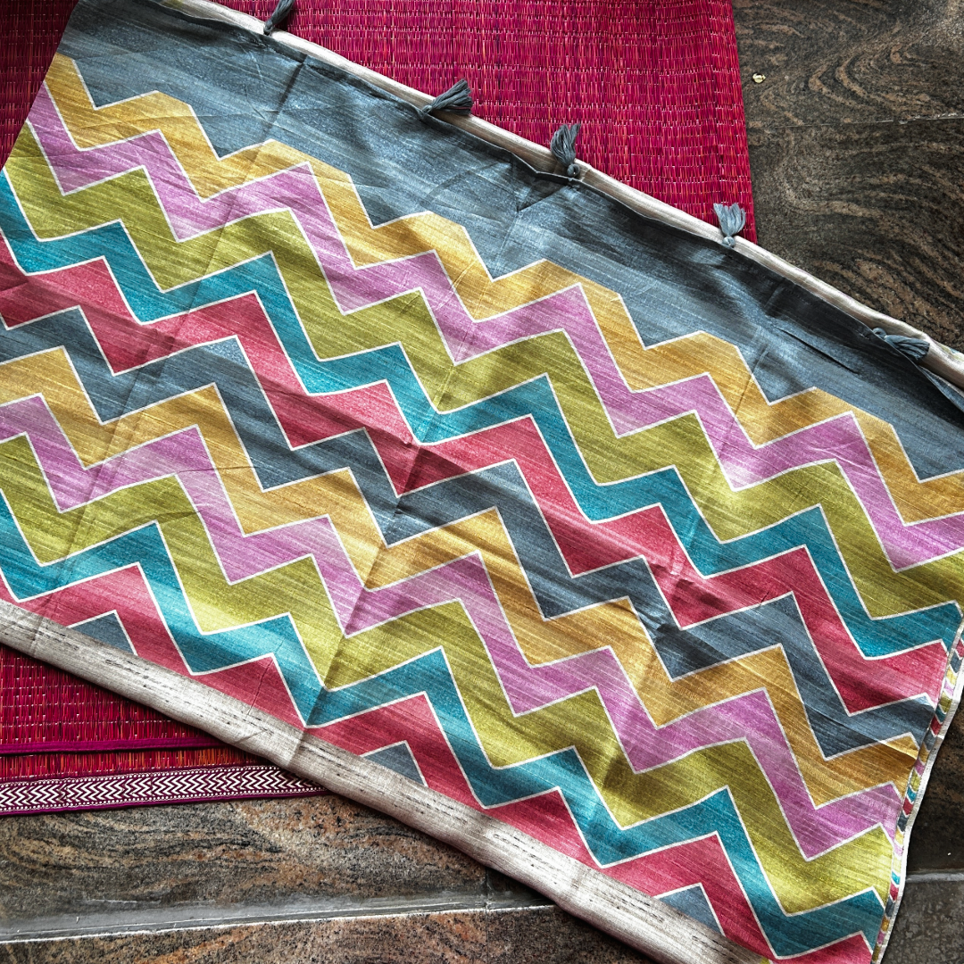 Beige Ghicha Silk Saree with Multicolour Geometric Pallu & Blouse | Mriksha Sarees