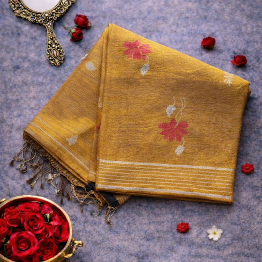 Lotus Motif Tissue Linen Saree β Yellow | Mriksha Sarees
