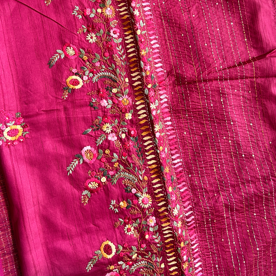Reddish Pink Raw Silk Saree with Handwoven Parsi Work | Mriksha Sarees