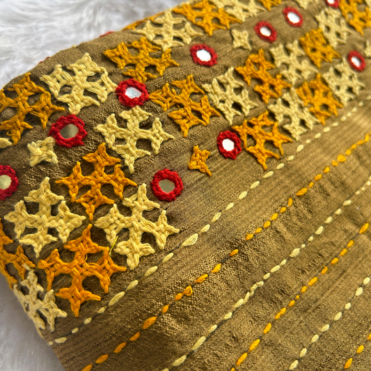 Bronze Semi Tussar Silk Saree with Kutch & Mirror Work