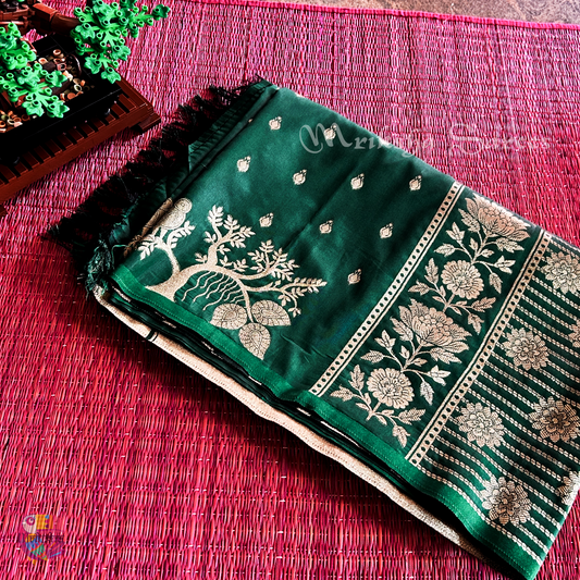 Banarasi Zari Embroidery Soft Silk Saree – Floral & Bird Motif Collection (Green, Red, Teal Variants)