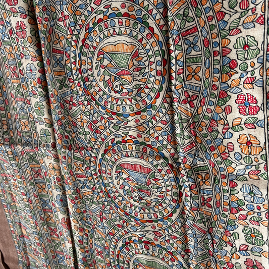 Beige Ghicha Silk Saree with Madhubani Peacock Print & Chocolate Brown Blouse | Mriksha Sarees