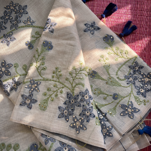 Cream Semi Tussar Silk Saree with Blue Handwoven Floral Kantha Work | Mriksha Sarees