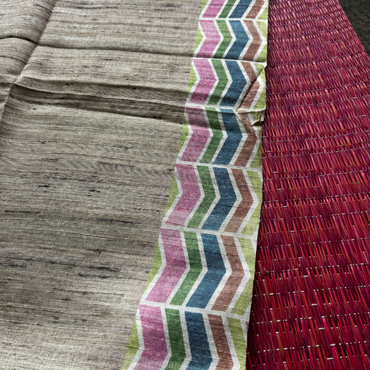 Beige Ghicha Silk Saree with Green Geometric Design Pallu & Blouse | Mriksha Sarees