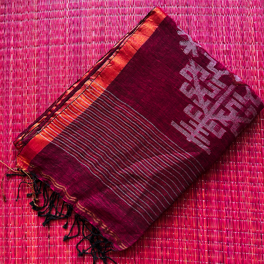 Pure Linen Jamdani Saree with Zari Pallu – Plum | Mriksha Sarees