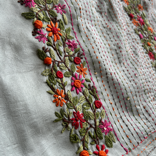 Silver Semi Tussar Silk Saree with Handwoven Bullion Stitch Work | Mriksha Sarees