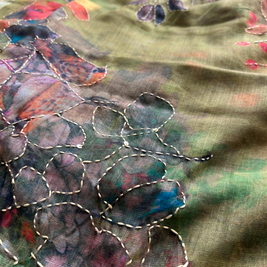 Soft Printed Linen Saree with Kantha Embroidery & Contrast Blouse – Light Green | Mriksha